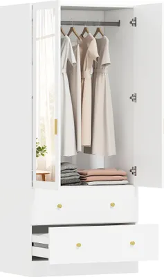 Produktbild von Kleiderschrank mit Spiegel, 2 Türen & 2 Schubladen, Kleiderstange, platzsparende Aufbewahrung für Schlafzimmer, 80x50x180 cm, Weiß