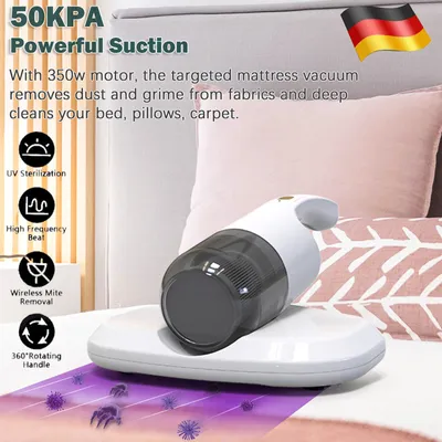 A mattress vacuum cleaner is shown on a bed, with text overlays describing its features.
