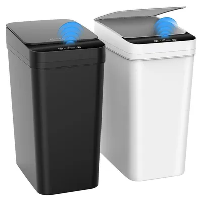 Immagine prodotto di Set da 2 contenitori per rifiuti da bagno con sensore, capacità 10 litri, elettrici, con coperchio automatico, colore nero e bianco