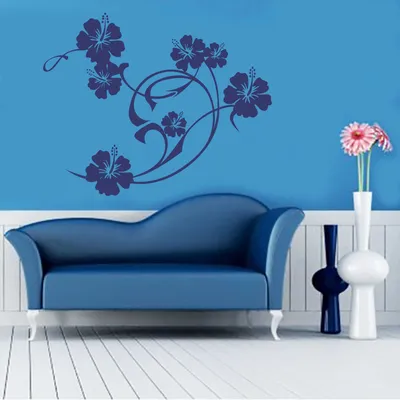 Produktbild von Wandtattoo - Wandaufkleber - Wandtattoo "Hibiskus Swirl" - 74cm x 58cm königsblau - Dekoration Küche Wohnzimmer Wand