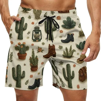 Produktbild von Herren-Badeshorts – mit Cowboystiefel- und Kakteenmuster