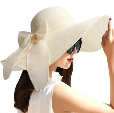 Immagine prodotto di Cappello da sole da donna, in paglia, con tesa larga, pieghevole, protezione UV 50+, bianco, taglia unica