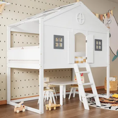 Zdjęcie produktu dla Łóżko domek dla dzieci 90x200 cm ze schodami, barierką ochronną, 2 oknami i dowolnie aranżowaną przestrzenią pod łóżkiem, łóżko wysokie z miejscem do zabawy i przechowywania, EN747, biały/szary, sosna/MDF