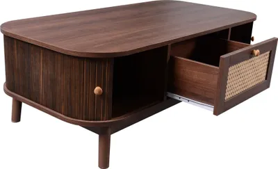 Immagine prodotto di Tavolino in rattan, tavolino con cassetti e ante pieghevoli in legno massiccio, gambe in legno massiccio 110 L x 55 L x 38,5 H (cm), bianco
