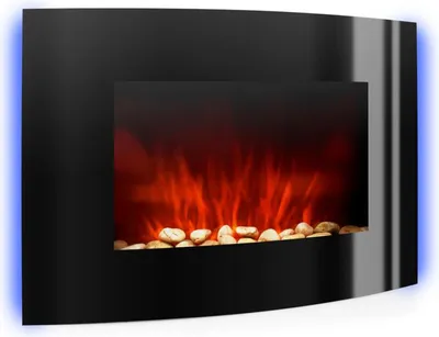 A modern, wall-mounted electric fireplace with realistic LED flames and a bed of decorative stones.