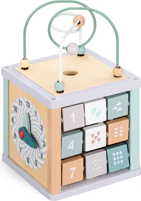 Produktbild von Navaris Motorikwürfel aus Holz - Activity Würfel Motorik Spielzeug ab 18 Monate - Motorikschleife Spielwürfel - Baby Spielspaß in Pastellfarben