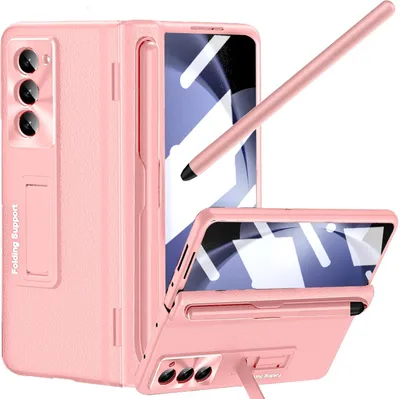 Obrázek produktu pro Pouzdro na Samsung Galaxy Z Fold 6 Tvrdého kožené pouzdro s ochrannou fólií, stojánkem a ochranou pantu s držákem na S Pen Růžový