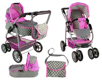 Obrázek produktu pro Alice 14956 Kočárek pro panenky 2 v 1, růžový s hvězdičkami