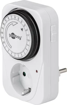 A white Goobay analog timer with a black dial and a European-style socket is shown against a white background.