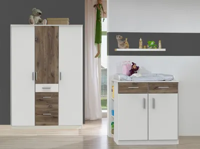 Produktbild von Babyzimmer Wickelkommoden Set mit 3-türigem Kleiderschrank JOHANNESBURG-43 in weiß mit Eiche Nb.