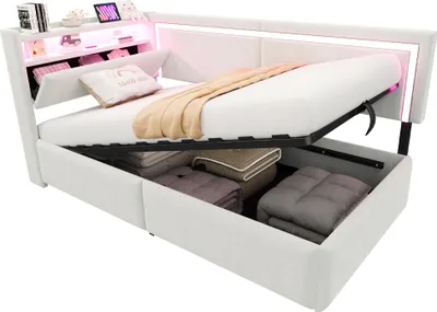 Produktbild von Merax Polsterbett Tagesbett 90x200cm mit LED-Beleuchtung und USB-Ladeanschlüssen, Schlafsofa mit Stauraum aus Samtstoff, Kopfteil mit Stauraum, Beige