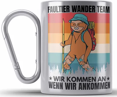 Produktbild von Trendation - Faultier Edelstahl Tasse Karabiner Geschenk Faultier Wander Team Gessch Wander Geschenke (Silber)