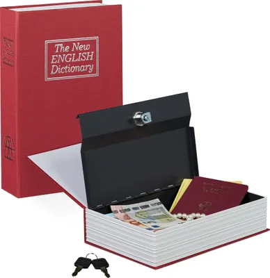 A red book-shaped safe is shown open, revealing its contents.