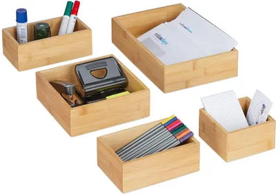 Produktbild von Relaxdays Ordnungsboxen 5er Set, Schubladen Ordnungssystem Bambus, Organizer Küche, Bad & Büro, versch. Größen, natur