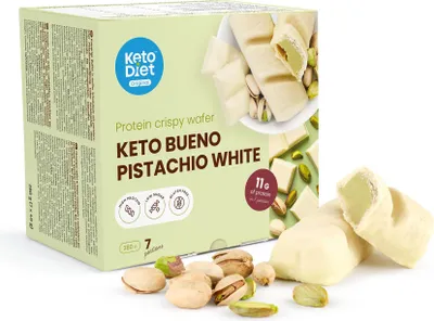 Produktbild von Protein-Waffeln Keto Bueno Pistachio White mit hohem Eiweißgehalt, glutenfrei (7 Portionen)
