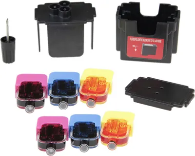 Image de Kit de remplissage EASY-REFILL pour cartouches HP 301 couleur, HP 301 couleur XL, CH564EE, CH562EE – Adaptateur de remplissage + 2 doses d'encre par couleur pour HP 301 couleur, HP 301 couleur XL. Grâce à ce kit, vous pouvez facilement remplir vous-même vos cartouches d'imprimante !
Compatible avec les modèles HP DeskJet 1000, 1010, 1050, 1050 a, 1055, 1510, 1514, 2000, 2050, 2050 a, 2050 s, 2050, 2054 a, 2510, 2512, 2514, 2540, 2541, 2542, 2543, 2544, 2545, 2546, 2547, 2549, 2550, 3000, 3050, 3050 a, 3050