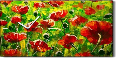 Produktbild von Dekor Leinwand Uhr Wandbilder Kunstdruck 60x30 Mohnfeld und Berge Kunst - weiße Hände