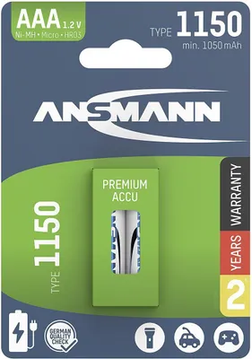Produktbild von Ansmann 1311-0026, Wiederaufladbarer Akku, AAA, Nickel-Metallhydrid (NiMH), 1,2 V, 2 Stück(e), 1050 mAh