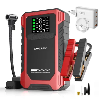 Produktbild von 5 in1 9000A Auto Starthilfe mit 150PSI Luftkompressor, Jump Starter, 16000mAh Powerbank, mit PD-140W USB-C/USB-A Schnellladegerät Adapter