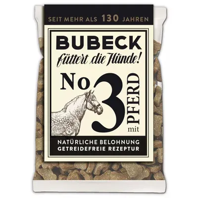 A bag of dog treats with a label featuring a horse illustration and product information.