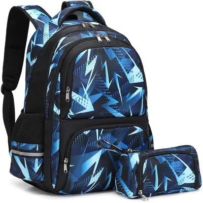 Image de Ensemble de sacs à dos pour enfants, garçons et filles, 2 pièces, bleu, motif flèche, dimensions : 34 x 18 x 44 cm