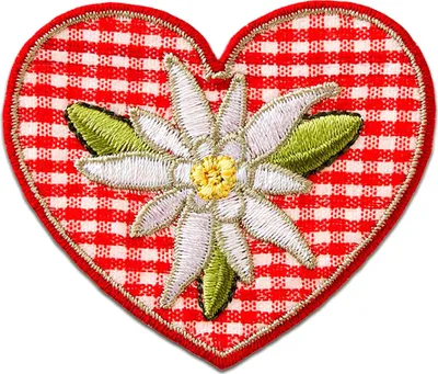Obrázek produktu pro Šachovnicové srdce s edelweissem - nášivka, nažehlovací nášivka, aplikace, nášivky, nažehlovací, Velikost: 6 x 5 cm
