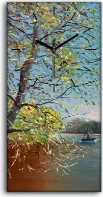 Produktbild von Wohnzimmer-Bild Leinwand Uhr Geräuschlos 30x60 Ölgemälde Boot Wasser Fluss Bäume - schwarze Hände