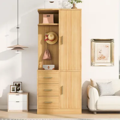 Produktbild von okwish Eingangsschrank mit 3 Schubladen und Kleiderhaken, Kleiderschrank mit Ablagefächern und Kleiderstange,für Flur oder Schlafzimmer,Natur