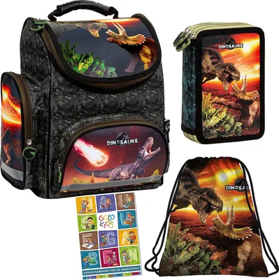 Produktbild von Schulranzen 4er Set Ranzen Tornister Federmappe Turnbeutel Turnsack Aufgabenheft für die Grundschule Dinosaurier Dino Motiv