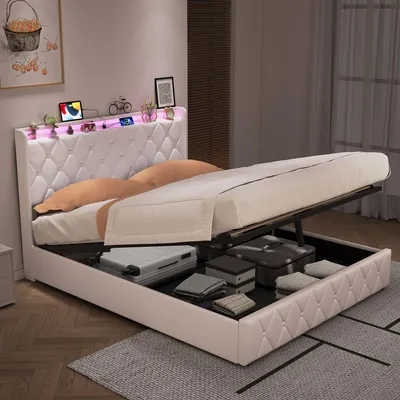 Produktbild von SUNFECILI Polsterbett 140x200 cm,Boxspringbett 140x200,mit Lattenrost,Weicher Rückenlehne und Kopfteil,USB,LED,Doppelbett,Jugendbett,Samt,Beige