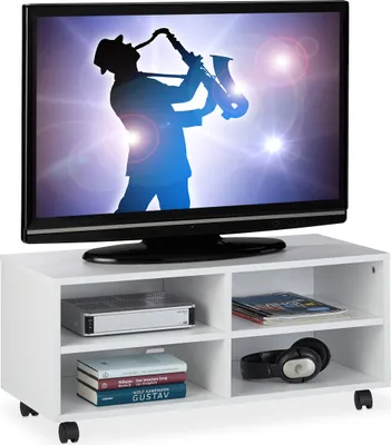 Immagine prodotto di Mobile TV Relaxdays a 4 ripiani, con rotelle, per CD, DVD e console, mobile audio per il soggiorno, HBT 35x80x35 cm, bianco