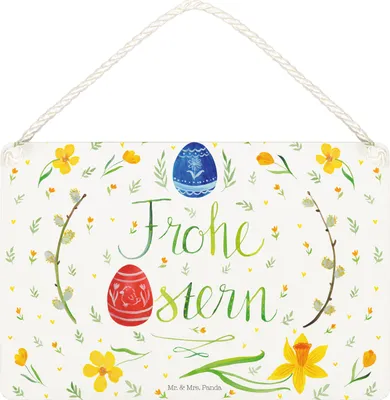 Produktbild von Mr. & Mrs. Panda Schild Ostern Frohe Ostern DIN A5 - Weiß - Geschenk, Holzschild, holzbild, wandtafel, Osterei, kleine aufmerksamkeit, Ostergrüße, Türschild, Osterblume