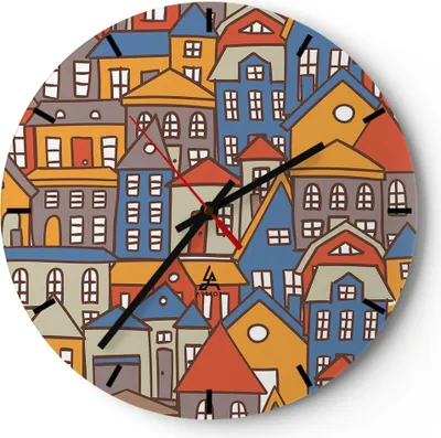 Produktbild von Wanduhr - Rund - Glasuhr - Stadt Haus Straße - 30x30cm - Schleichendes Uhrwerk - Lautlos - zum Aufhängen bereit - Dekoration Modern - Wanddekoration aus Glas - C3AR30x30-3953