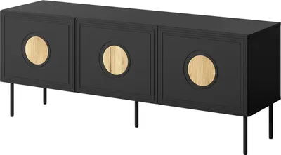 Produktbild von TV Schrank PALACE 150 cm 3D SCHWARZ MATT / CRAFT EICHE mit Schwarze Metallbeine 3 Türen Stehen Unterschrank Fernsehschrank Modern Loft TV Board Lowboard Sideboard Metallfüße