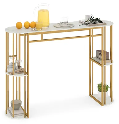 Zdjęcie produktu dla Stół barowy COSTWAY z miejscem do przechowywania, stół barowy o wysokości 150 cm, nowoczesny blat kuchenny z 4 półokrągłymi półkami i solidną metalową ramą, wysoki blat, kolor biały