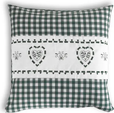 Produktbild von wometo Kissenhülle Zierkissen 40x40 OEKO-TEX - Landhaus-Stil Dekokissen Sofakissen Stick Herz grün kariert, Karo grün heller Hintergrund Reißverschluss