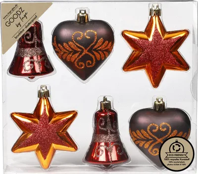 Produktbild von Weihnachtskugeln Formen dekoriert Kunststoff 9cm 6er Set Flame Mix