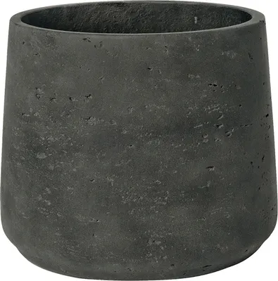 A dark gray, textured pot with a tapered shape.
