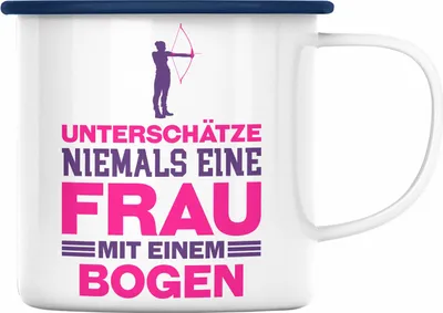 Produktbild von Trendation - Bogenschießen Frau Emaille Tasse Geschenk Pfeil und Bogen Emaille Emaille Tasse für Frauen Unterschätze Niemals Eine Frau (Blau)