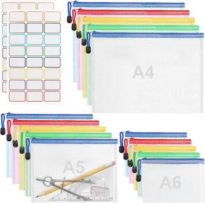 Obrázek produktu pro Sada 25 kusů obalů na dokumenty, formáty A4, A5, A6, vodotěsné, se zipem, vhodné do kanceláře