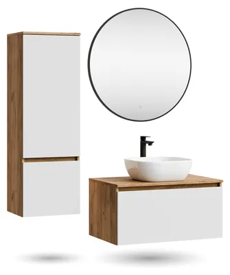 Produktbild von ARISA Badmöbel Set inkl. Hochschrank in Weiß – Mit Veluna LED Spiegel und weißem Keramik-Aufsatzwaschbecken 42 cm
