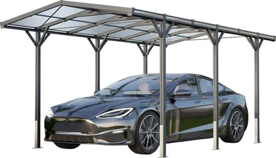 A black car is parked under a modern carport.