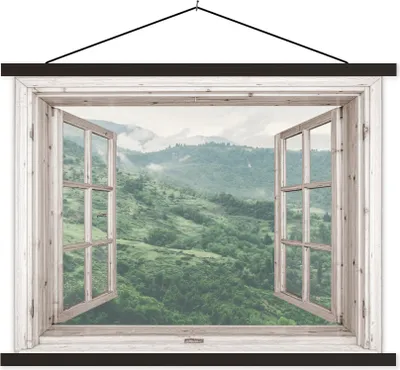 Produktbild von MuchoWow® Textilposter Aussicht - Berg - Baum 150x113 cm mit schwarzem Rahmen - Wohnzimmer