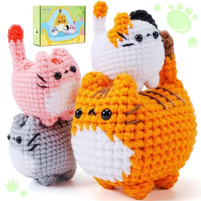 Image de Kit de crochet pour débutants : chat, comprenant de la laine, des aiguilles et un tutoriel vidéo, lot de 4