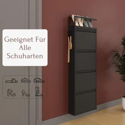 Produktbild von Furni24 Schuhschrank Schmal mit 4 Klappen, Pantoffelregal und Hakenleiste – Metall Schuhkipper Schwarz