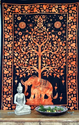 Produktbild von Boho Style Wandbehang, Indische Tagesdecke - Tree of Life Elefant / Orange, Baumwolle, 190*140*0,2 cm, Bettüberwurf, Sofa Überwurf