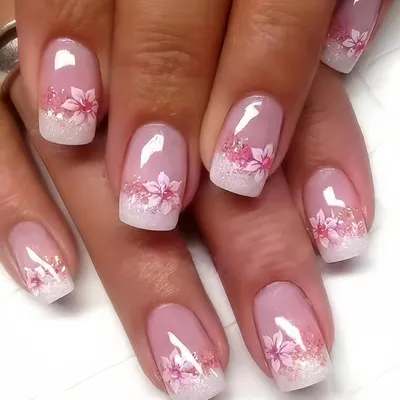 Image de Ongles artificiels à coller, design français avec motifs floraux, dégradé rose et blanc, 24 pièces