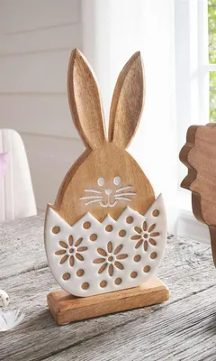 Image de Figurine décorative "Lapin" en bois de manguier & porzallan, blanc, hauteur 27 cm, décoration de Pâques, lapin de Pâques