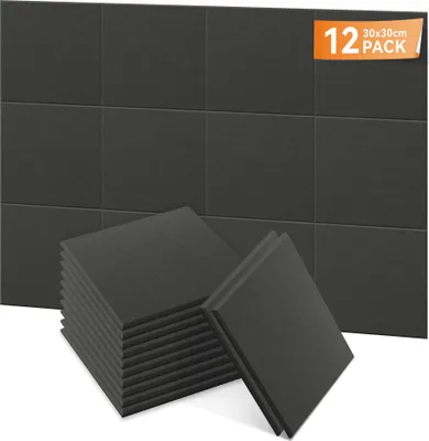 Obrázek produktu pro LARS360 Černé akustické panely sada 12 plochých čtverců 30x30cm, zvukově izolační stěnové panely, zvuková izolace, pohlcovač zvuku pro domácí herní studio