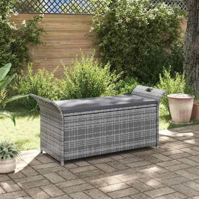 Produktbild von vidaXL Sitzbank mit Stauraum und Kissen Grau 138 cm Poly Rattan